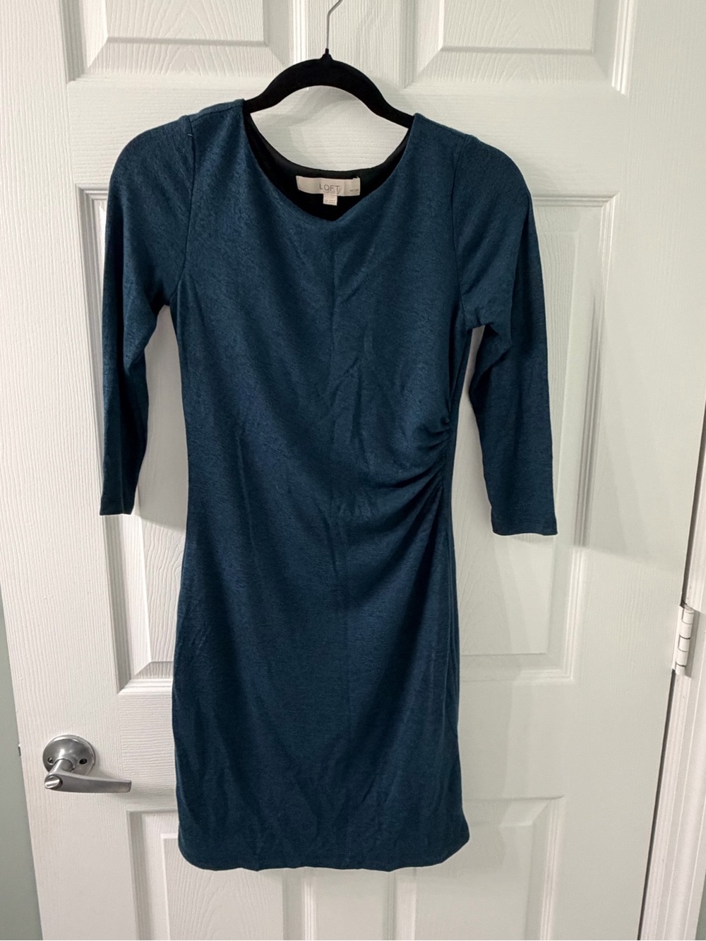 LOFT Teal 3/4 Sleeve Ruched Sheath Dress